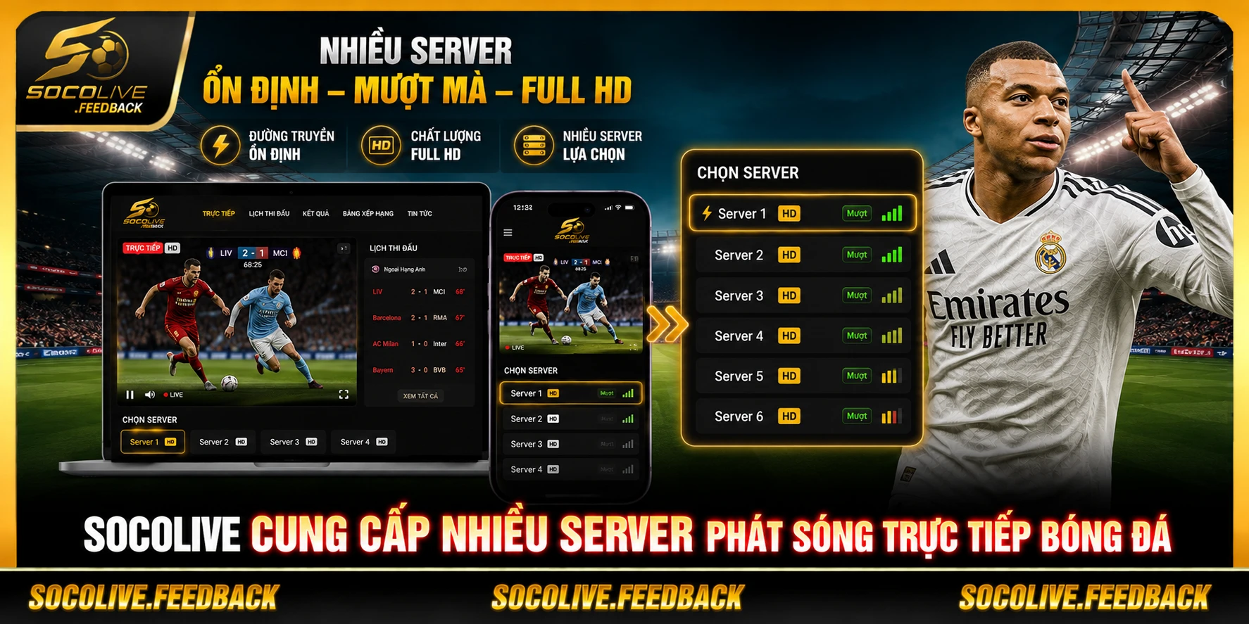 Trực Tiếp Bóng Đá Full HD - Cách Xem Mượt Ít Lag Socolive hỗ trợ nhiều server phát sóng trực tiếp bóng đá